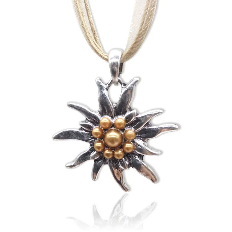 Traditional Bavarian Pearl Necklace Fiona with Rhinestones Edelweiss Pendant for Ladies Costume Oktoberfest Jewelry