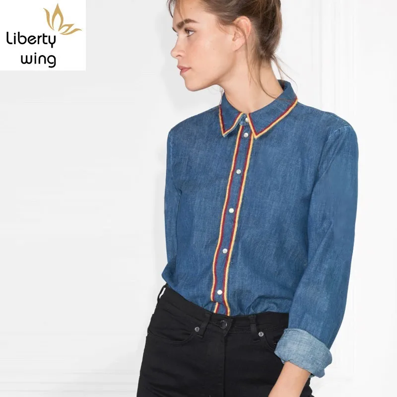 Fashion Women Denim Blouse Top High Quality Colors Striped Long Sleeve Jeans Shirt Single Breasted Office Ladies Casual Shirts