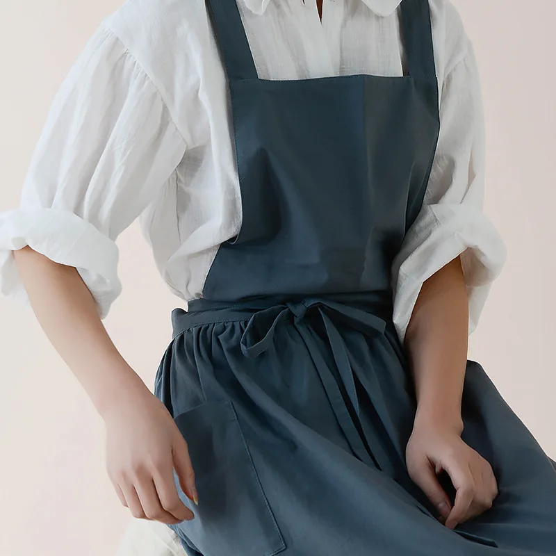 Women Cotton Linen Bib Apron Japanese Style Sleeveless Pinafore Home Kitchen Coffee Cooking Florist Aprons Waterproof Dress