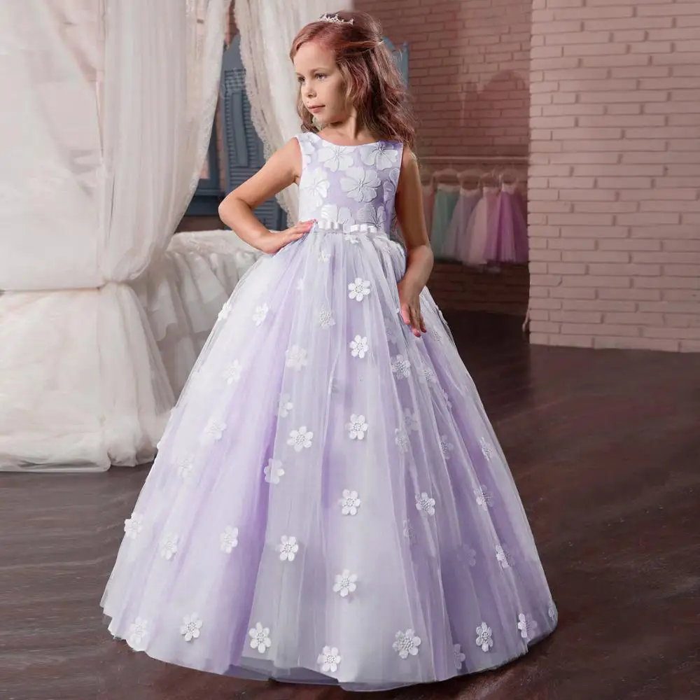 Robe de princesse en dentelle pour filles, tenue de bal, sans manches, en maille, motif floral, bonne qualité