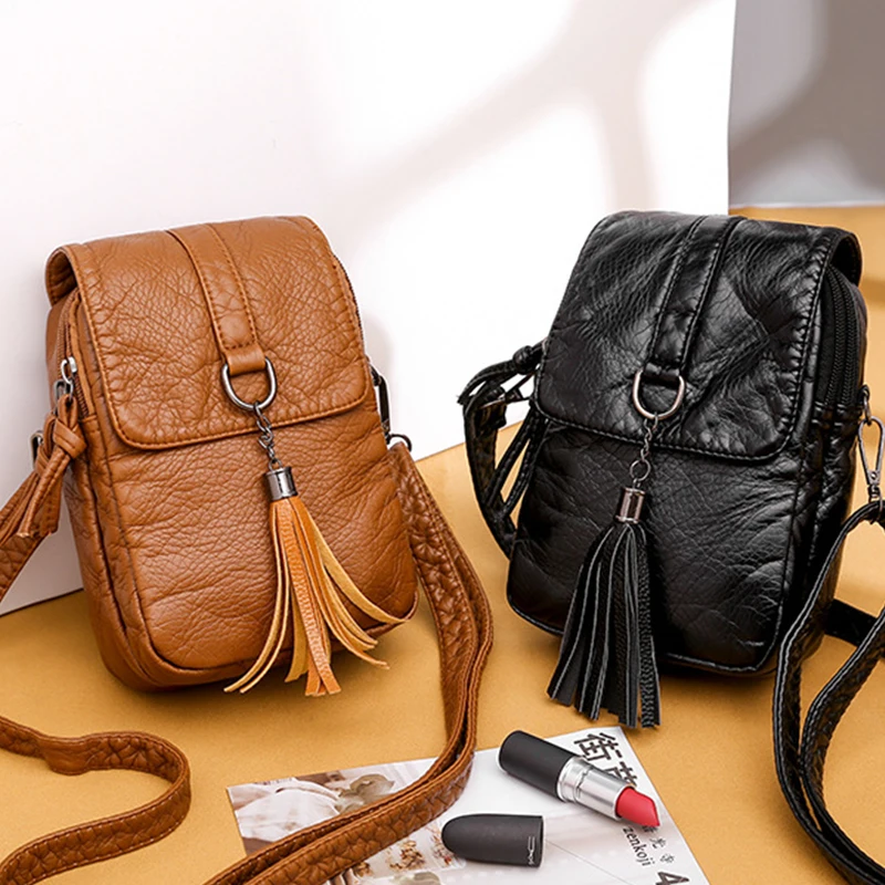 New SmalTassel Designer Purse Messenger PU Leather Shoulder Bag Casual Handbag Crossbody Bags for Women Phone Pocket Girl