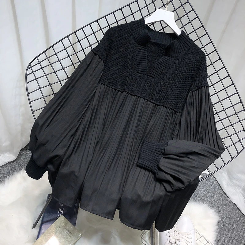 SuperAen Sweater Female Korean Design 2021 Autumn Retro Knitted Stitching Loose Oversize Ladies V-neck Sweater Shirt