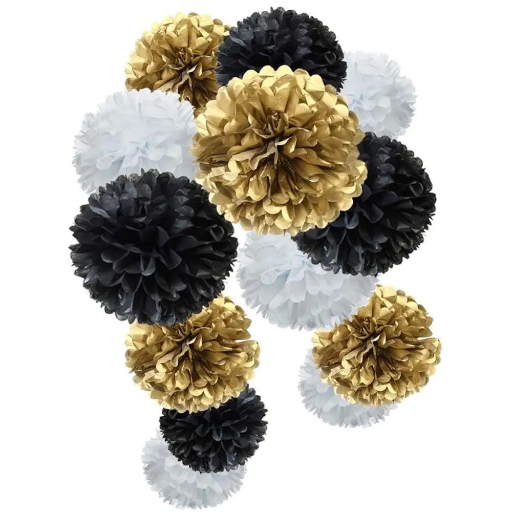 DIY Handmade Tecido Pom Poms Flor, Festa de Casamento Vintage e Eventos, Ouro Preto Haning Paper Ball Decoração, Baby Shower