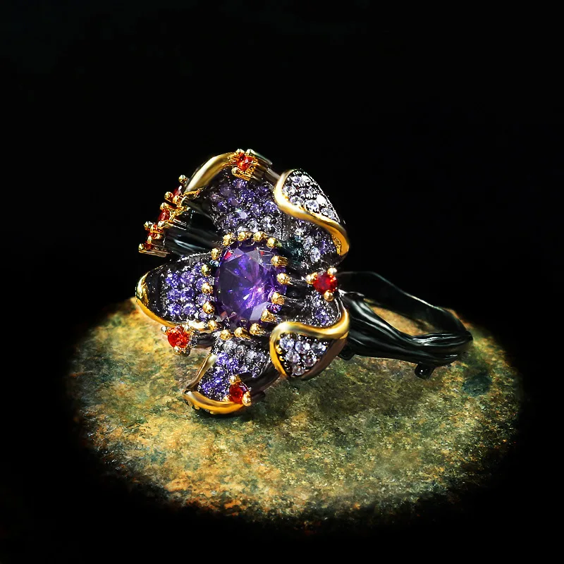 925 Stamp New Unique Purple Diamond Flower-Shaped Black Gold Ring Zircon Shiny Jewelry Elegant Party Women\'s