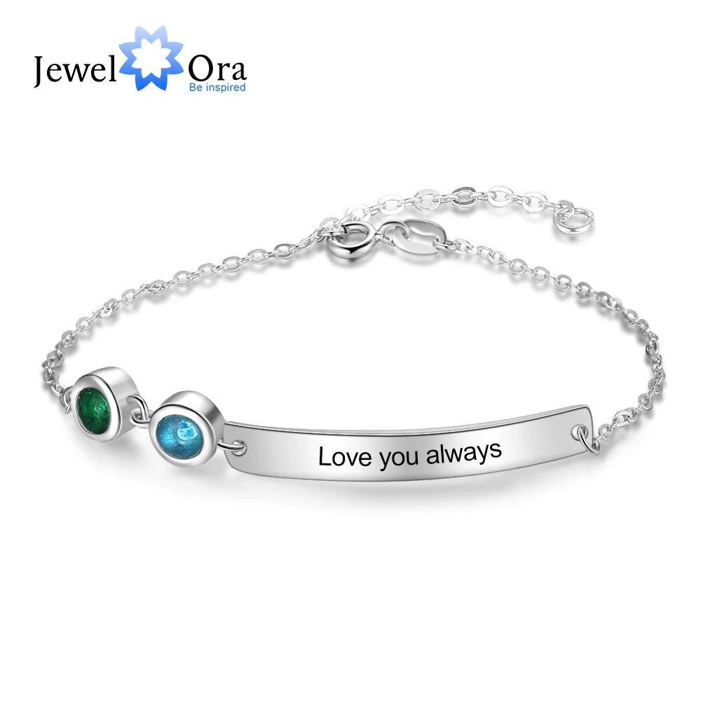 

Personalized Bar Bracelets & Bangles with 2 Birthstones Custom Engraved NamePlate Bracelets for Women (JewelOra BA102617)