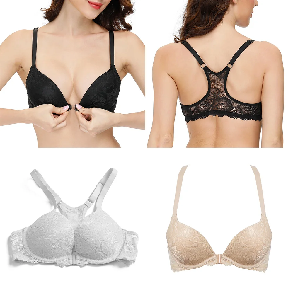 YBCG Front Closure Women Bra Padded Push Up Lace Bra Floral Y-line Strap Underwear Solid Plunge Bras for Women Plus Size