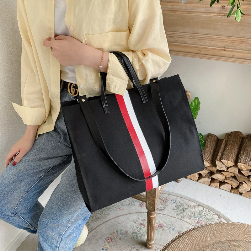 2021 New Fashionable Panelled Stripe Canvas Handbag and Shoulder Bag Large Capacity Women\'s Casual Tote Luxury Crossbody Bags