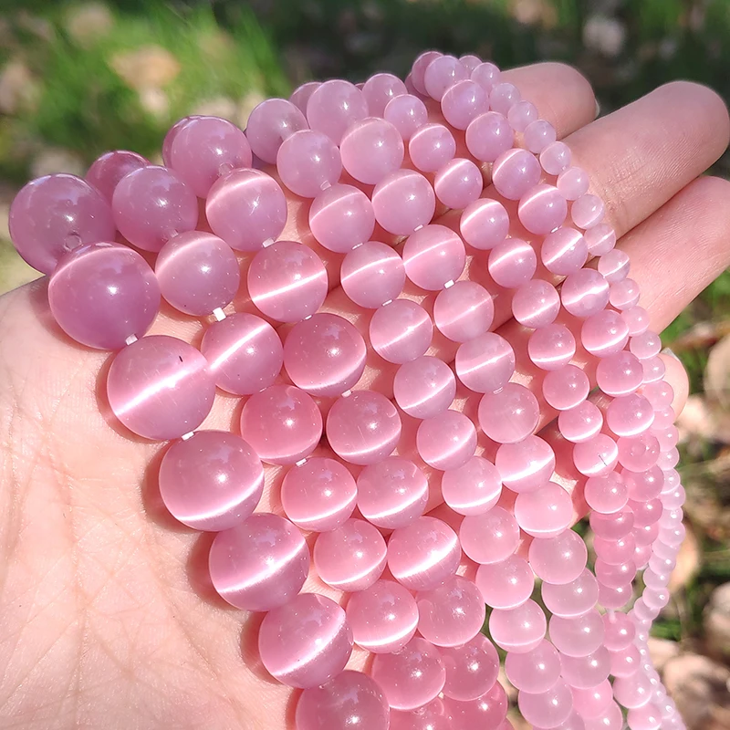 4/6/8/10/12mm Pink Color Cat Eye Opal Beads Natural Stone Glass Loose Beads for Jewelry Making DIY Bracelets Accessories 15''