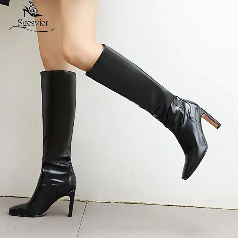 Sgesvier 2020 Knee high boots fashion square toe high heels ladies shoes winter solid color women boots black yellow big size