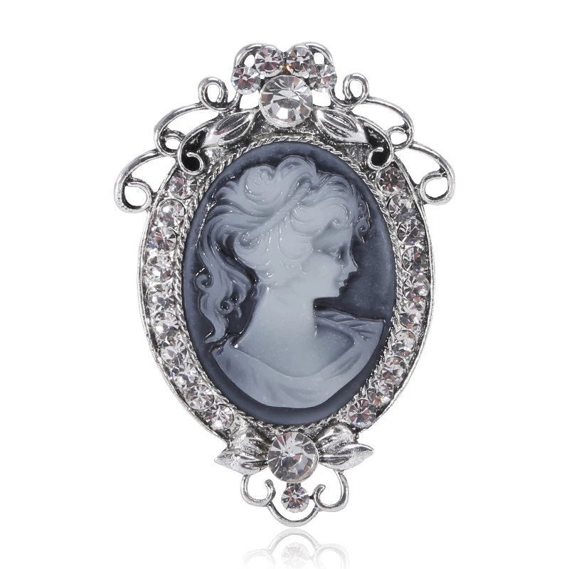 Wuli&baby Vintage 2-color Lady Figure Brooches Rhinestone Face Round Badge Office Brooch Pins Gifts
