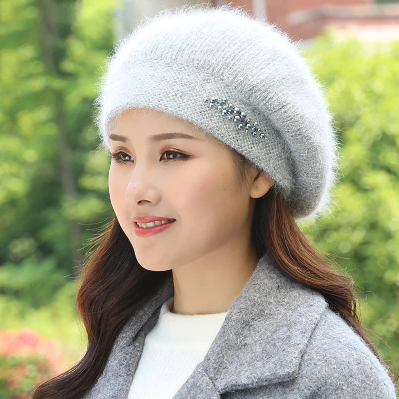 Beret Women Winter Hat Angora Autumn Knit Beanie Warm Thick Pearl Double Layers Snow Skiing Outdoor Accessory Female