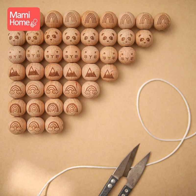 10pc 16mm Beech Round Beads Teether Printing Wood Beads Diy Bracelet For Newborn Baby Teething Necklace Accessorie Wholesale