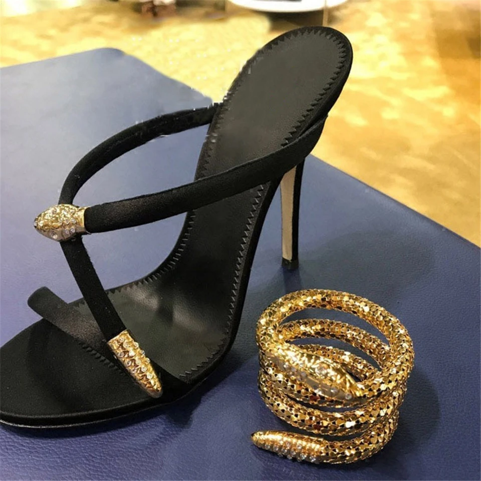 Metal Snake-Shaped Ankle Strappy Gladiator Sandals Women Thin High Heel Open Toe Slingbacks Summer Runway Mules