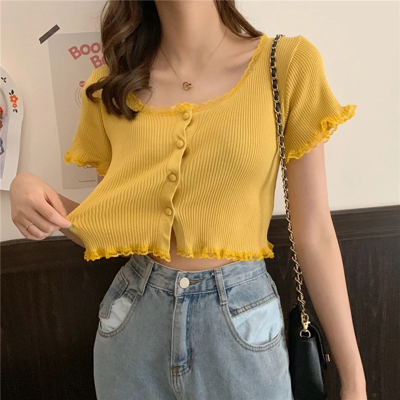 Women Patched Lace O-Neck Knitted Short Sleeve Thin Sweaters Cardigans Lady Single-breasted Buttons Sweater Crop Tops Female