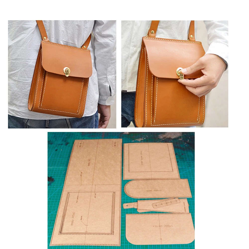 diy Leather craft shoulder bag die cutting kraft paper sewing pattern english version template 18x22x8cm