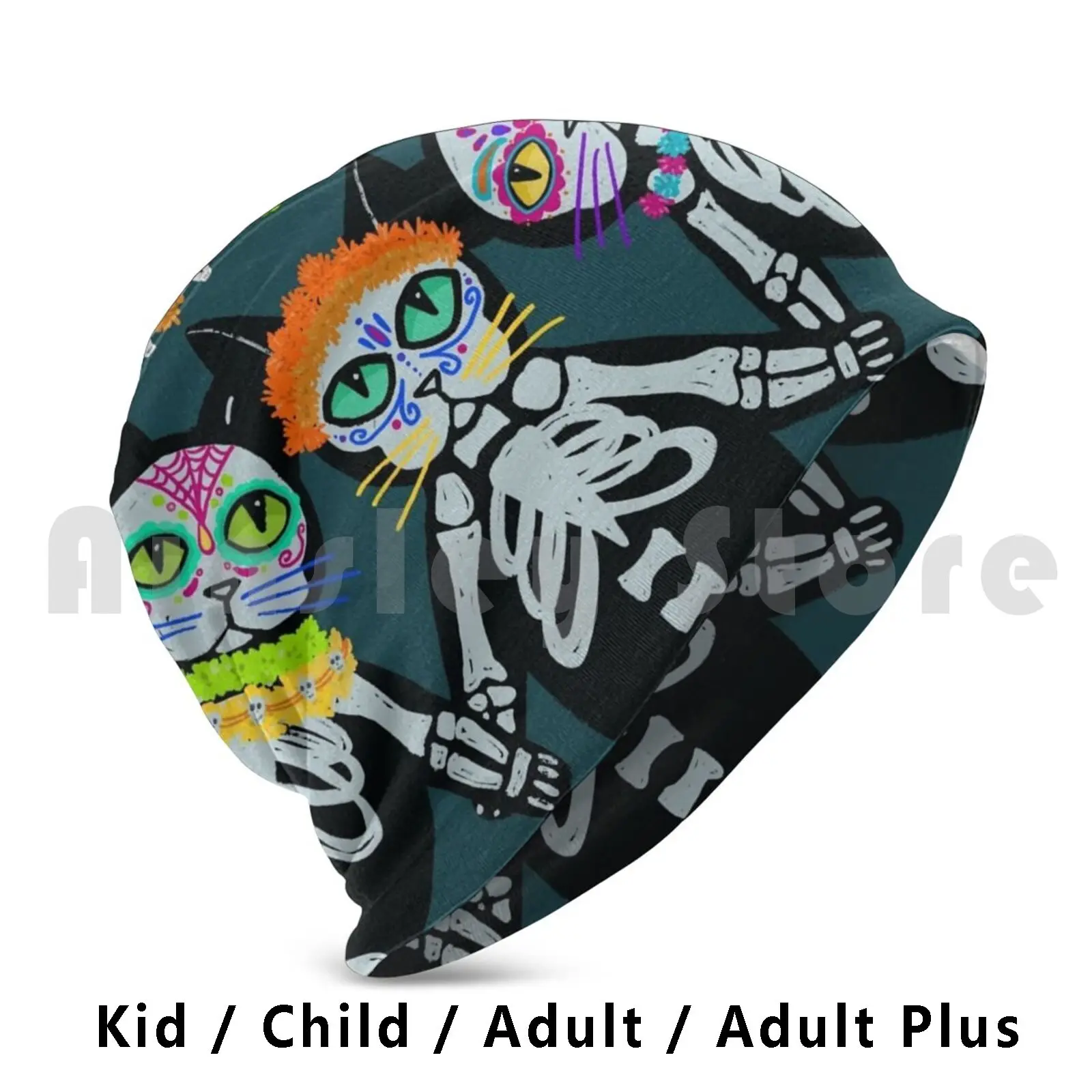 Day Of The Dead Cat Beanies Knit Hat 108 Beanies Print Cat Black Cat Skull Halloween Dia De Los Muertos Mexico