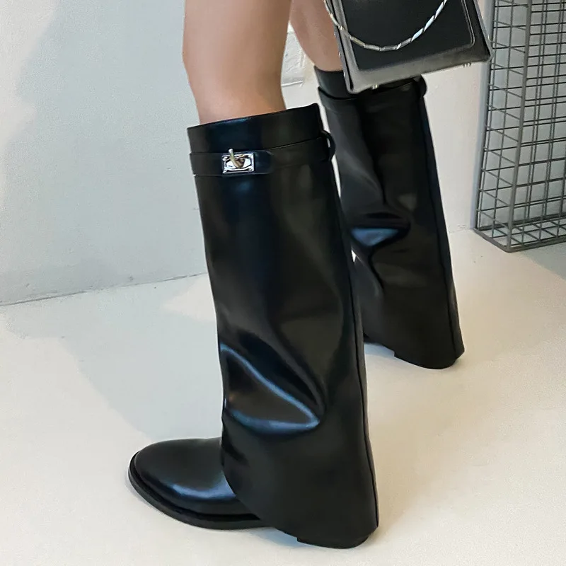 Shark Lock Women Punk Boots Brand Design Genuine Leather Knee High Ladies Boots Pointed Toe Fold High Heel Wedge Botas Mujer