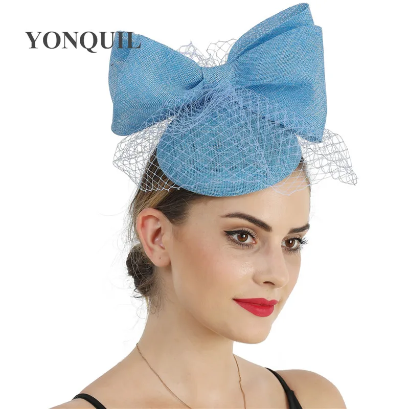 Light Blue Bow Wedding Hat Women Chic Fascinator Hairpin Bride Elegant Headpiece Hair Clip Mesh Hair Accessory Ladies Millinery