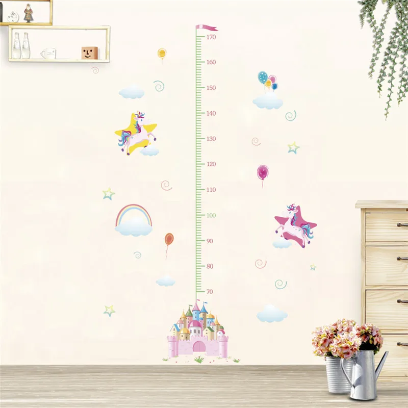 Cute Unicorn Castle Growth Chart Wall Stickers For Kids Room Home Decor Cartoon Safari Mural Art Diy Height Measure Wall Decal