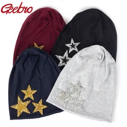 Geebro Women Slouchy Fashion Beanies Rhinestones Shining Star Soft Cotton Solid Color Womens Girls Hat Bonnet Femme Cap