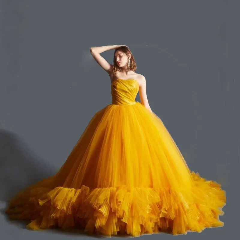 Bright Yellow Wedding Dress Strapless Evening Dresses With Train Lush Peplum Dress Tulle Ball Gown Bridal Dress For Women