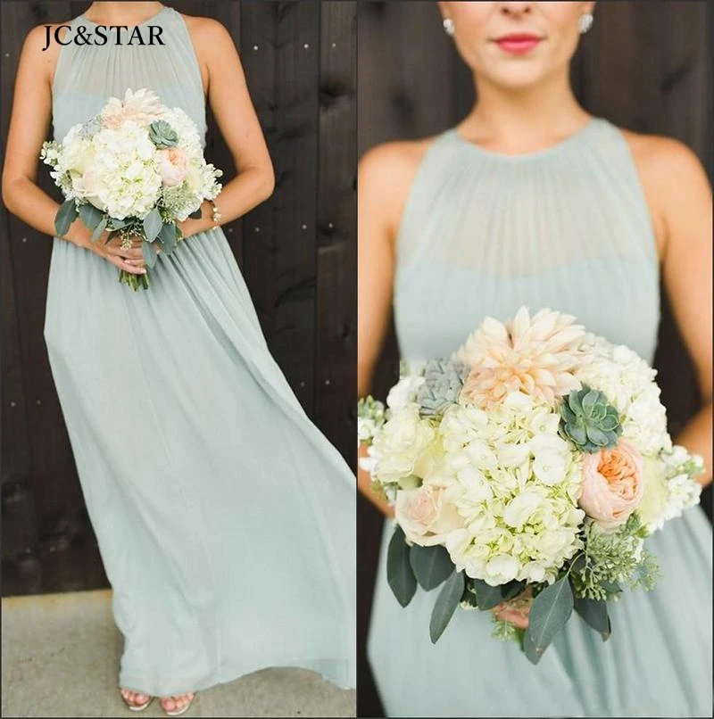 bridesmaid dress for weddings vestidos longos chiffon O neck ALine Sage Green woman formal gowns vestidos de dama de honor