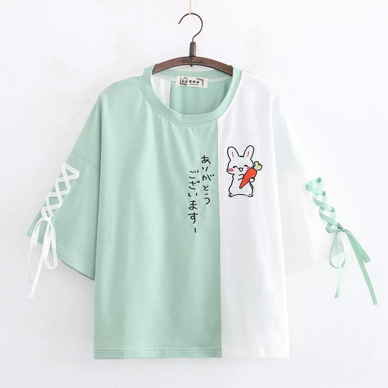 Himifashion Rabbit Kawaii T Shirt Women 2023 Summer Cute Bunny Green Tops Girls Lolita Bow Short Sleeve Lace Up Tee Shirts