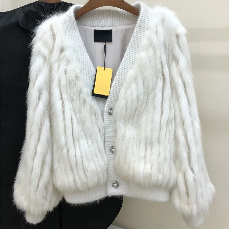 Winter Women Real Natural Silver Fox Fur Coat Loose Warm Fashion Striped Jacket And Knitting High Quality