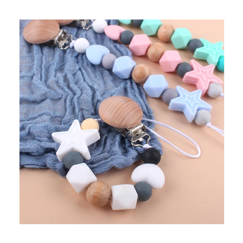 Baby Pacifier Clips Silicone Beads Wooden Teething Chain Infant Nipple Clamp Dummy Holder Nipple Clip Newborns Chew Accessories