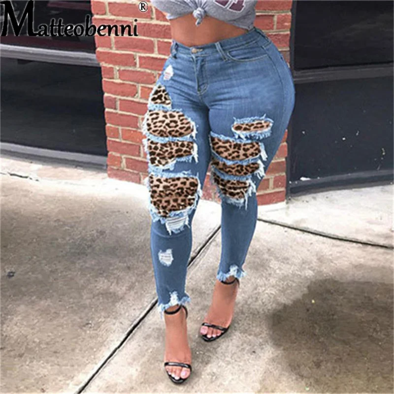 

2021 Autumn Women's Skinny Jeans Solid Color Leopard Patchwork Irregular Ribbed Hole Pencil Pants Stretch Slim Pants