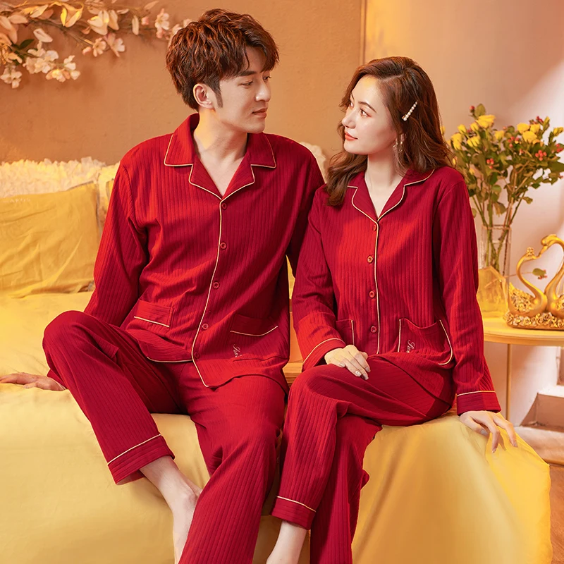 

Autumn Red Color Pajamas Set For Couple Long Sleeve Women Full Cotton Nightwear Female Sleepwear Long Pant Set casual homewear