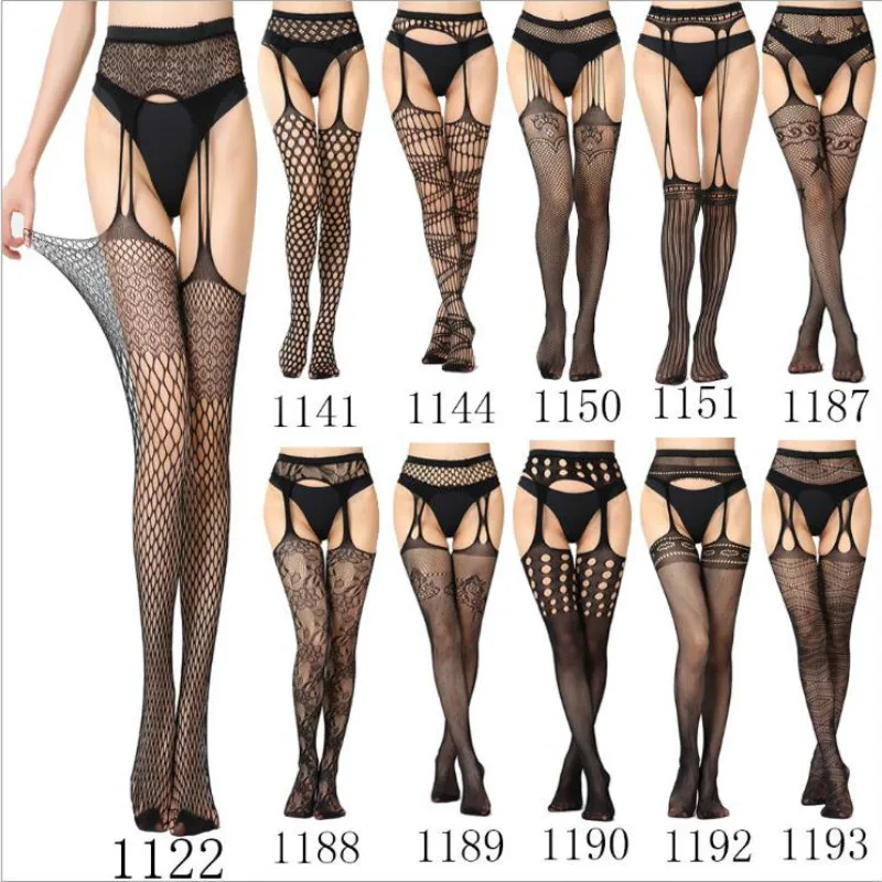 Women\'s Sexy Solid Striped Elastic High Waist Transparent Stockings Lingerie Garter Fishnet Pantyhose Open Crotch Tights