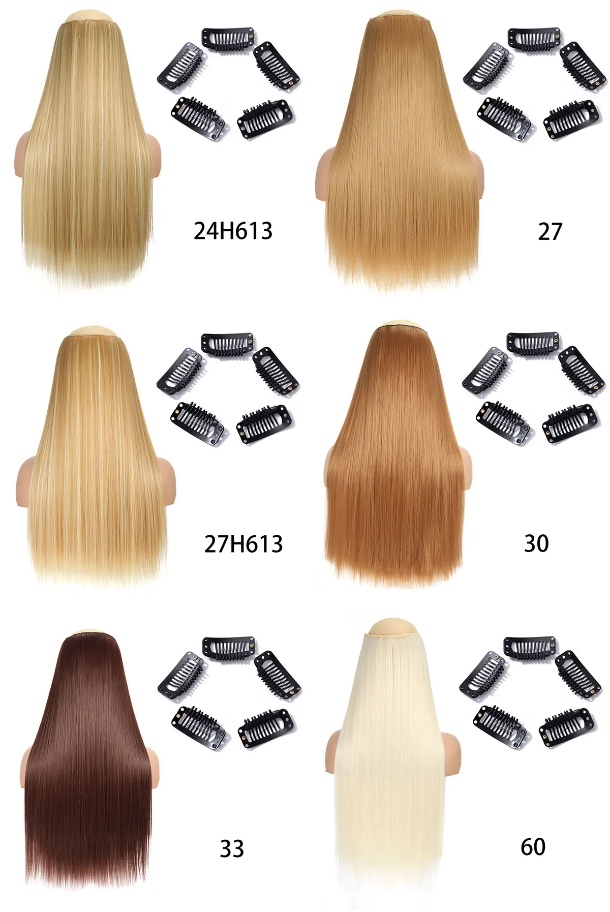 Synthetische lange gerade Clip-in-Haarverlängerung, einteilig, 5 Clips, falsches blondes Haar, braun, schwarz, hitzebeständig, Kunsthaar – Detail 6