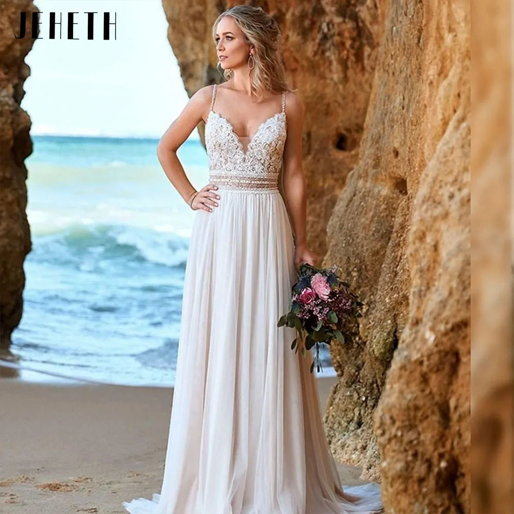 JEHETH Simple Backless Chiffon V-Neck Bohemian Wedding Dress for Bride Lace Applique Sleeveless Beach Bridal Gown Robe De Mariée