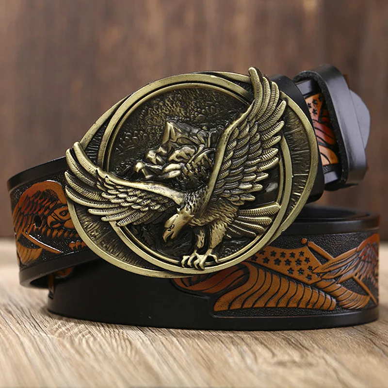 Western denim personality fashionable leather belt men's casual male eagle buckle carving craft belt