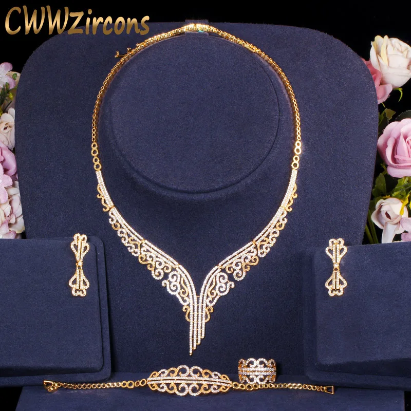 CWWZircons 4 pcs Vintage Elegant Cubic Zirconia Wedding Bridal Jewelry Set African Ethiopian Gold Color Costume Accessories T417