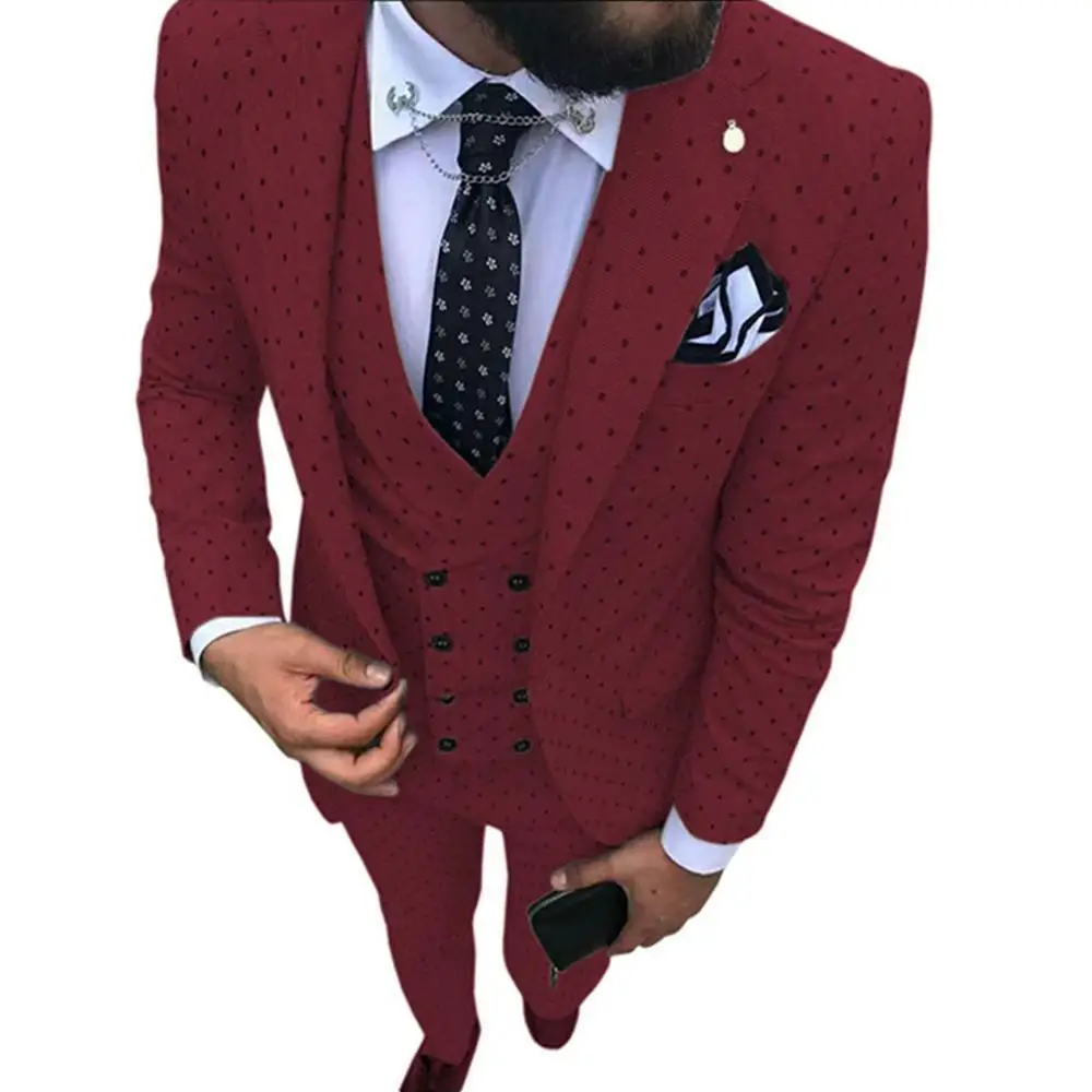 

Burgundy Mens Suits 3 Piece Wave Point Casual V Neck Notch Lapel for Wedding Groomsmen Tuxedos Suits Men 2019(Blazer+Vest+Pants)