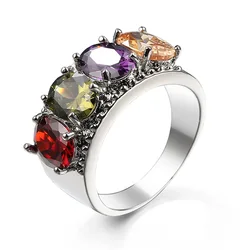 Classic Geometric Jewelry Silver color Stackable Round Multicolor AAA Zircon Rainbow Rings for Women Best Lover Gift