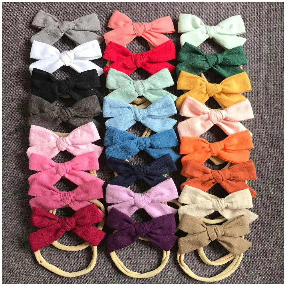 

3" Hand Tied Cotton Linen Fabric Bow Nylon headbands or hair clips , School Girl Bow Headbands Baby Hair Accessories