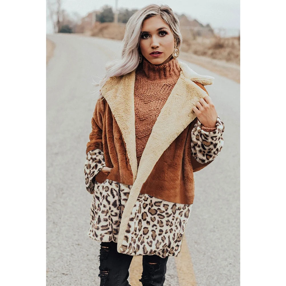 New Women Autumn Winter Thick Coats Fashion Lapel Plush Leopard Printed Warmer Jacket Tops Female Long Sleeve Patchwork Tops