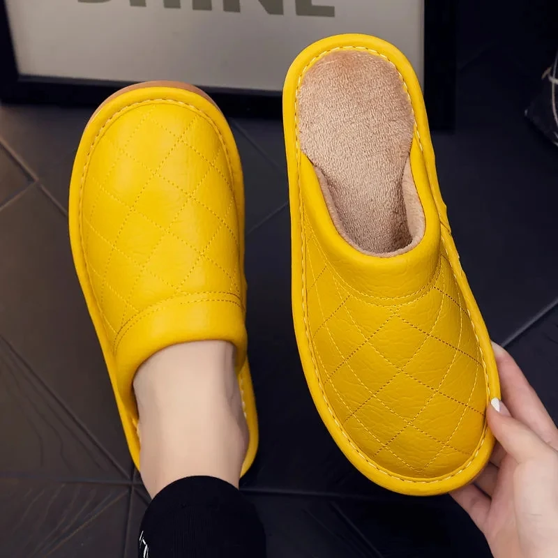 2021 News Male Unisex Memory foam slippers Cheap Mens Slipper Leather Indoor Winter Waterproof Warm Home Shoes Fur Women Slipper