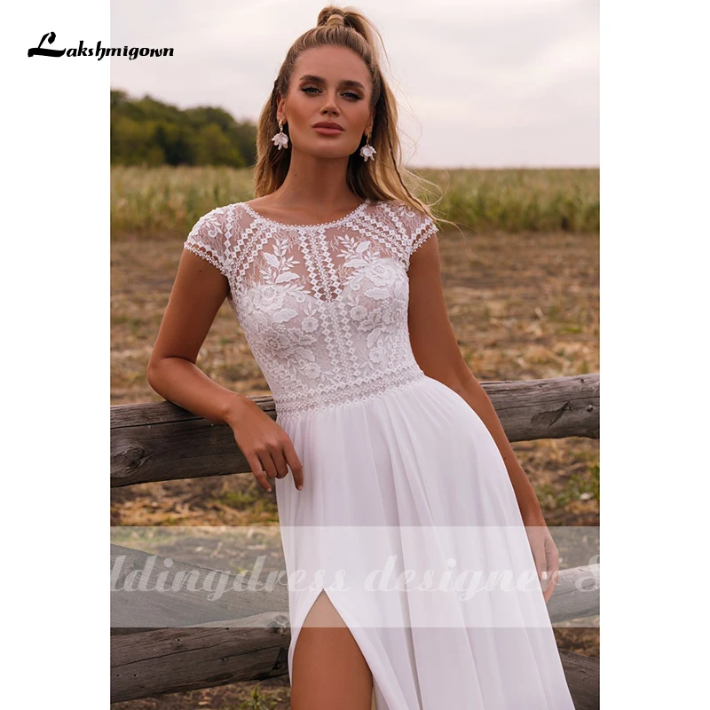 Vestido de novia de gasa con abertura bohemia, mangas casquillo personalizadas, vestidos de novia sexis con cuello en V de alta calidad, bata de tren de barrido