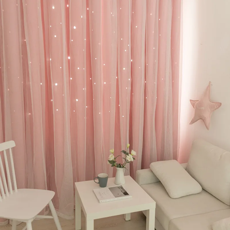 

Modern Color Curtain For Bedroom Living Room Korean Style Double-layer Sets Blackout Lace Hollow Stars Curtain for Princess Room