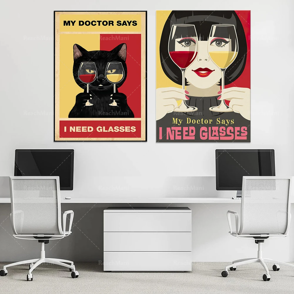 Cat poster, my doctor said I need glasses, black cat art prints, gifts for wine lovers, wine wall art, funny cat posters, the be