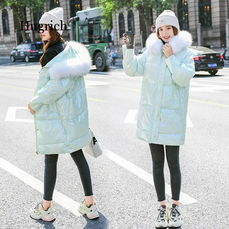 2020 Cotton Padded Korean Version Loose Winter Bright White Coat Women's Medium and Long Down Cotton Padded Jacket