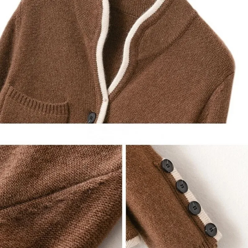 Autumn Winter Wool Cashmere Sweater Women\'s Stand-up Collar Cardigan Sweater Patchwork Button Warm Knitted Coat Women Tops