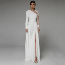 Asymmetrical Side Slit Wedding Dress Long Sleeve Civil Bridal Gown Party For Bride Button Applique Floor Length Свадебное платье