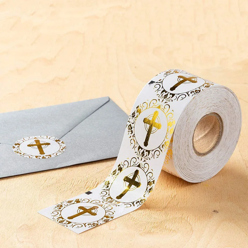 1 inch gilded round cross sticker religious Christian Prayer sticker envelope seal label 50 / roll