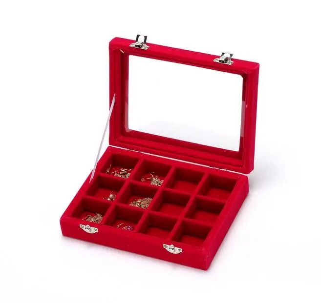 Fashion 12 Slots Clear Cover Velvet Jewelry Organizer Ring Earring Necklace Holder Jewellery Box Stackable Tray Storage Showcase