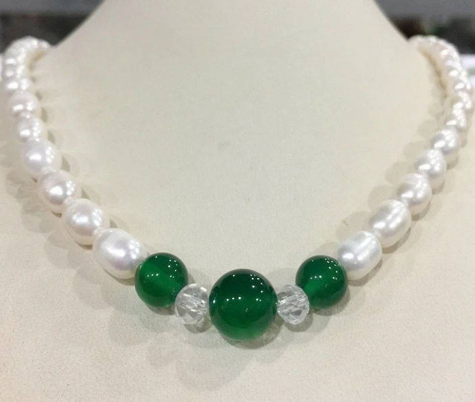 7-8mm White Akoya Freshwater Rice Pearl & 8-10mm Green Jade Necklace 18'' AA